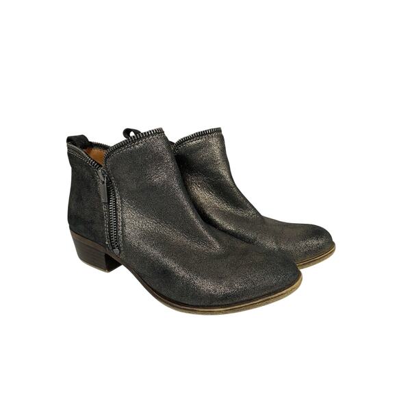 Lucky Brand Bartalino Pewter Bootie Boots Double Zip‎ Metallic Leather Sz 7.5M - Picture 1 of 6